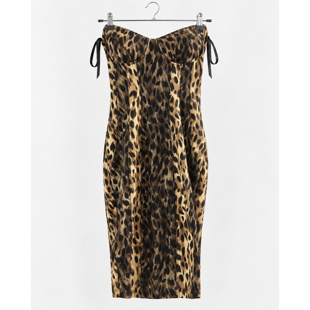 Kardashian Kollection Leopard Print Strapless Bustier Midi Dress Small Brown